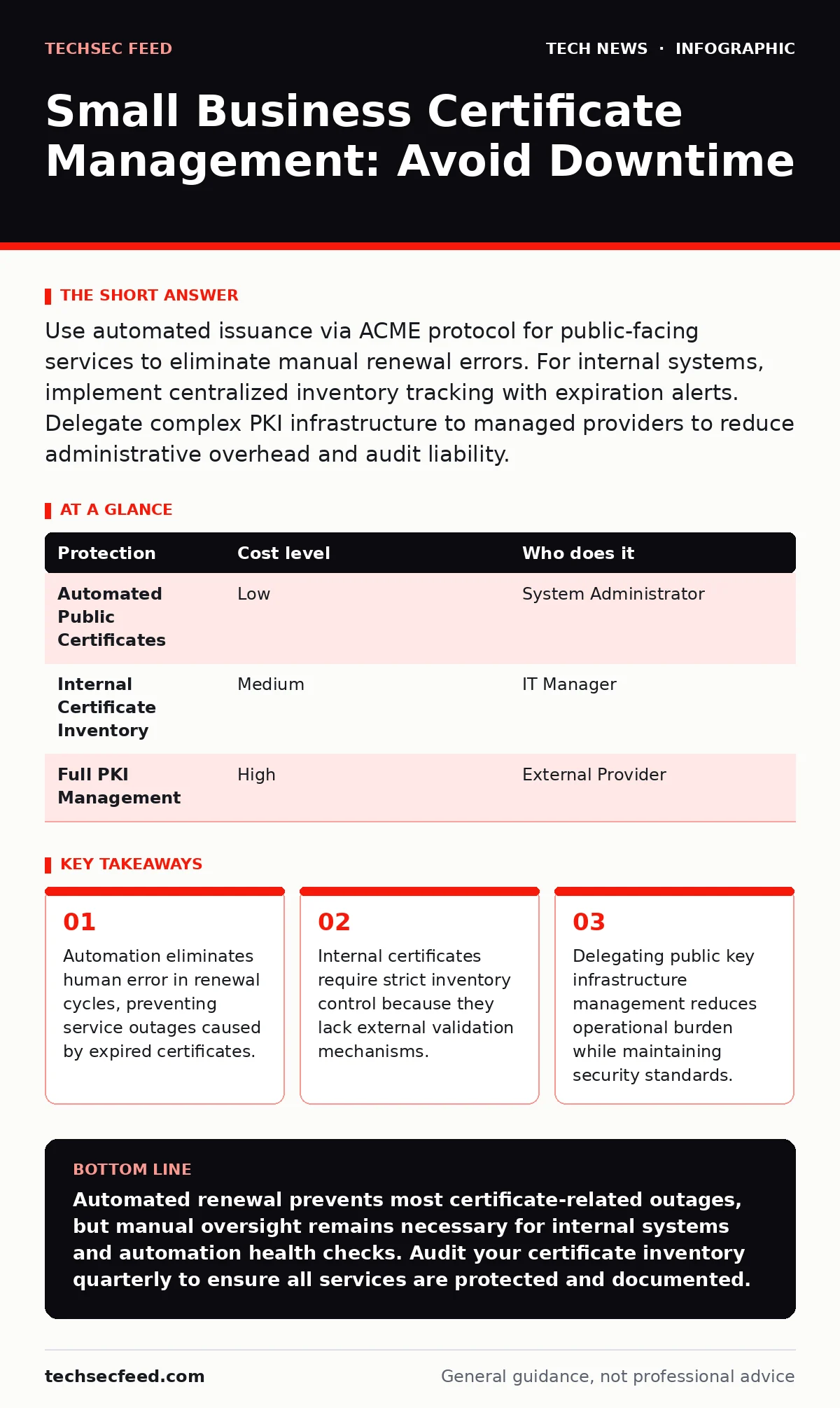 Infographic: Small Business Certificate Management: Avoid Downtime. Automation eliminates human error in renewal cycles, preventing service outages caused by expired certificates. Internal certificates require strict inventory control because they lack external validation mechanisms. Delegating publ