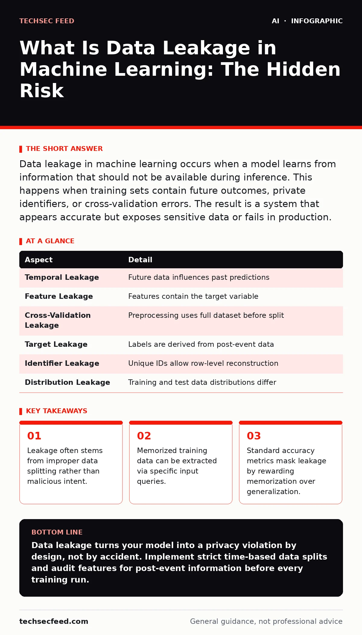 Infographic: What Is Data Leakage in Machine Learning: The Hidden Risk. Leakage often stems from improper data splitting rather than malicious intent. Memorized training data can be extracted via specific input queries. Standard accuracy metrics mask leakage by rewarding memorization over generaliza