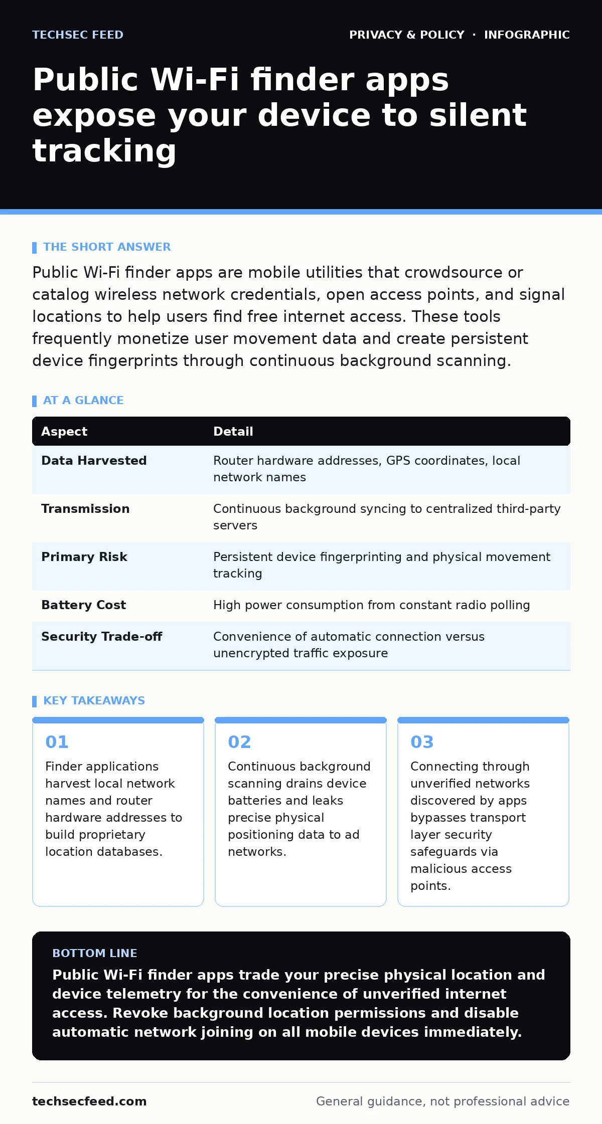 Infographic: Public Wi-Fi finder apps expose your device to silent tracking. Finder applications harvest local network names and router hardware addresses to build proprietary location databases. Continuous background scanning drains device batteries and leaks precise physical positioning data to ad