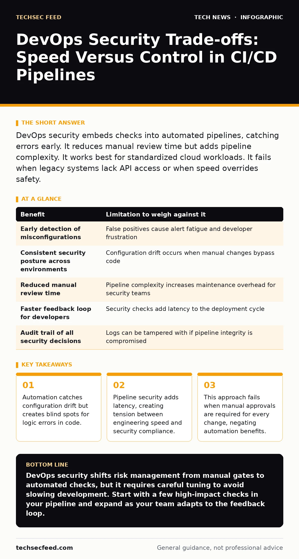 Infographic: DevOps Security Trade-offs: Speed Versus Control in CI/CD Pipelines. Automation catches configuration drift but creates blind spots for logic errors in code. Pipeline security adds latency, creating tension between engineering speed and security compliance. This approach fails when manu