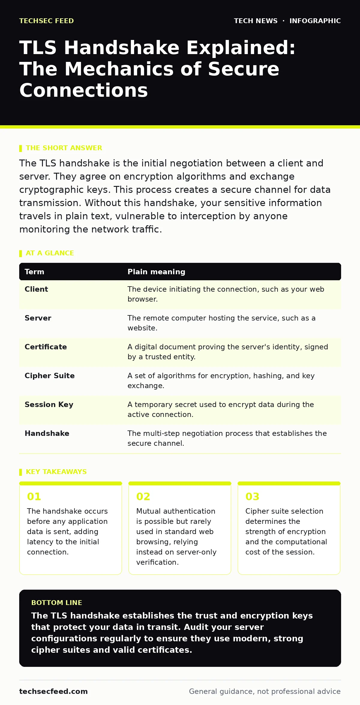 Infographic: TLS Handshake Explained: The Mechanics of Secure Connections. The handshake occurs before any application data is sent, adding latency to the initial connection. Mutual authentication is possible but rarely used in standard web browsing, relying instead on server-only verification. Ciph