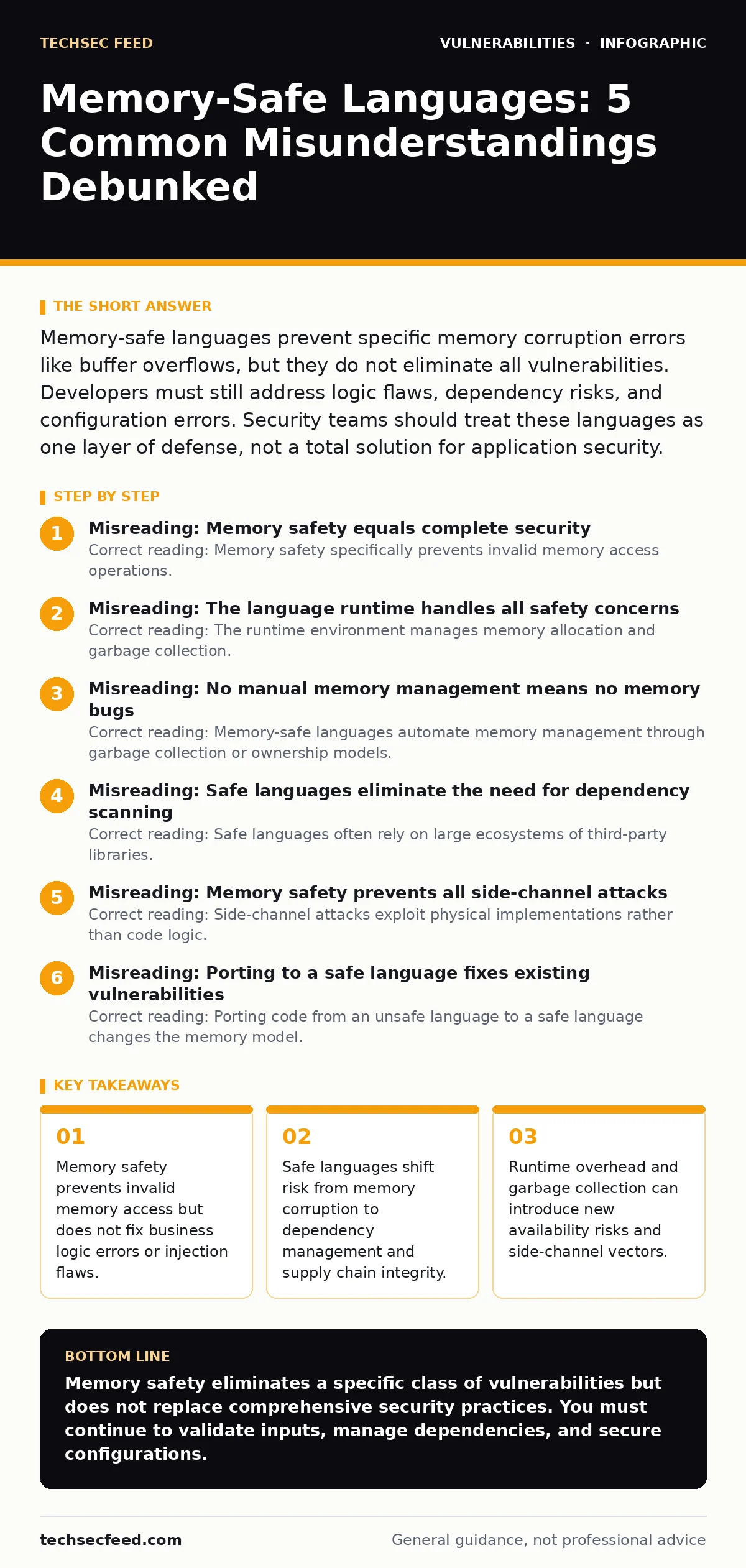 Infographic: Memory-Safe Languages: 5 Common Misunderstandings Debunked. Memory safety prevents invalid memory access but does not fix business logic errors or injection flaws. Safe languages shift risk from memory corruption to dependency management and supply chain integrity. Runtime overhead and