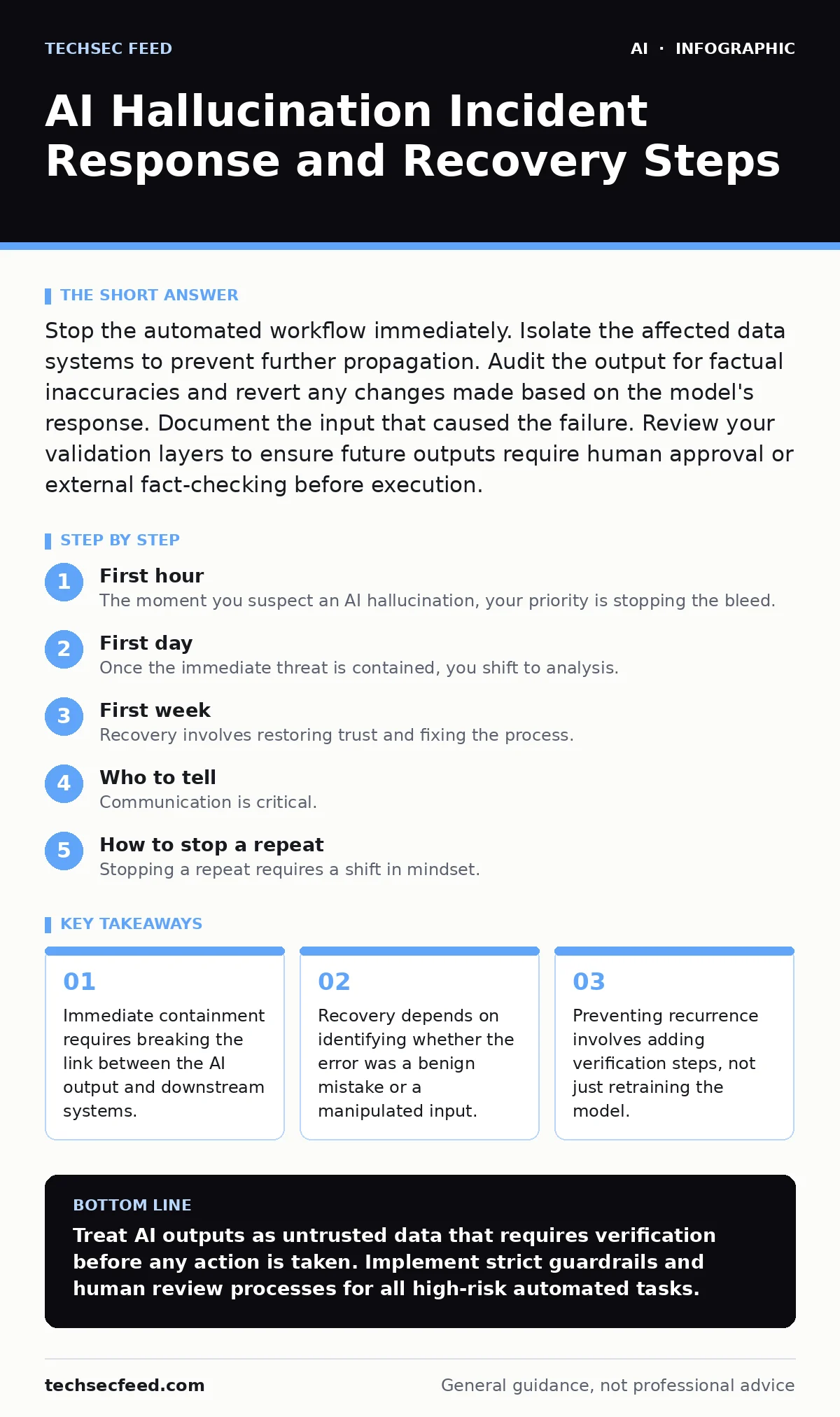 Infographic: AI Hallucination Incident Response and Recovery Steps. Immediate containment requires breaking the link between the AI output and downstream systems. Recovery depends on identifying whether the error was a benign mistake or a manipulated input. Preventing recurrence involves adding veri