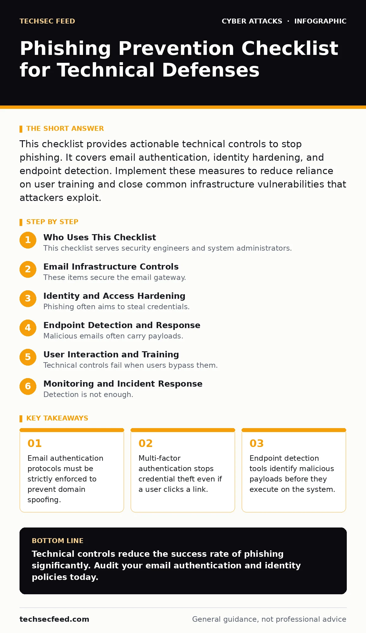 Infographic: Phishing Prevention Checklist for Technical Defenses. Email authentication protocols must be strictly enforced to prevent domain spoofing. Multi-factor authentication stops credential theft even if a user clicks a link. Endpoint detection tools identify malicious payloads before they ex