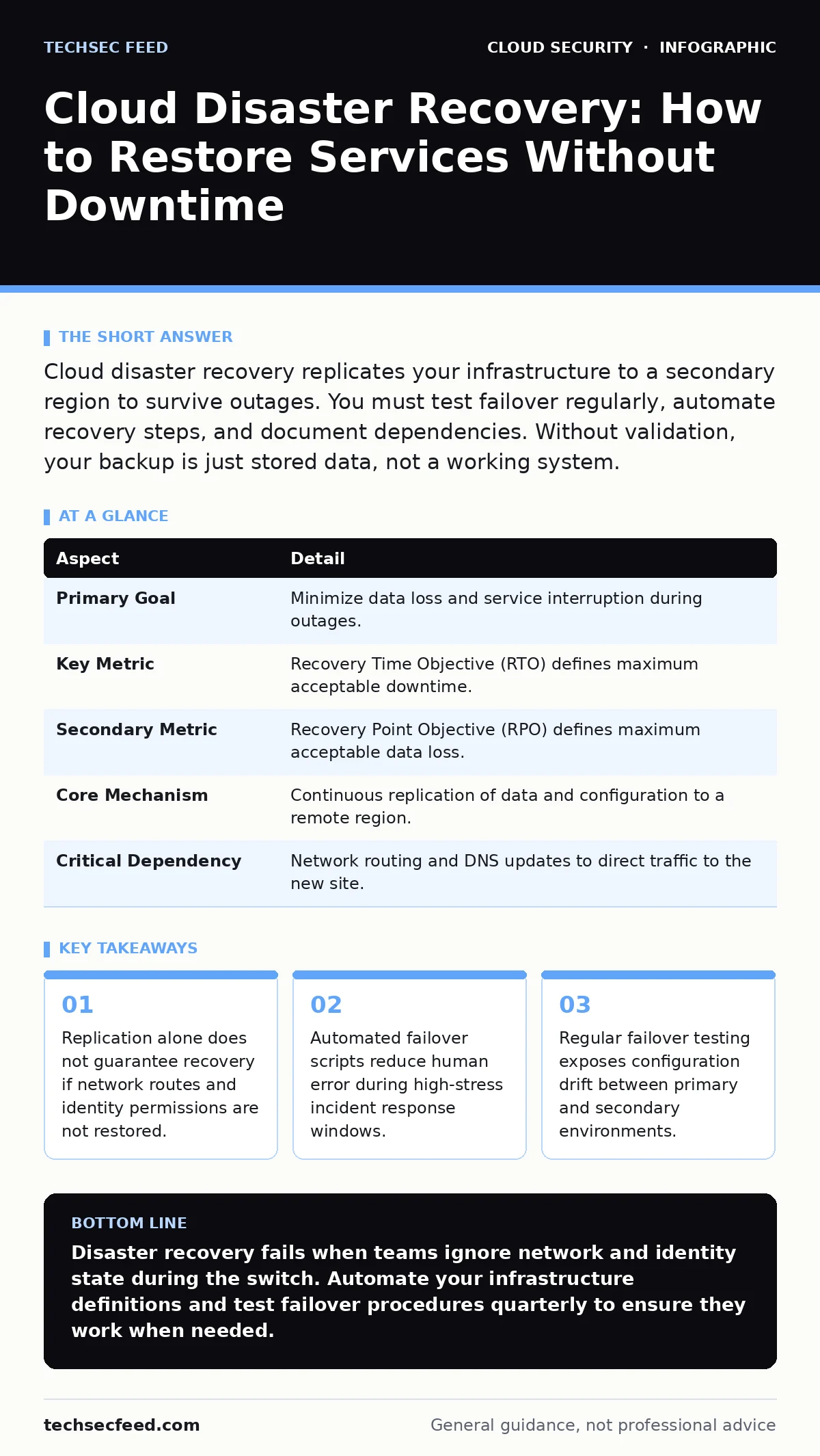 Infographic: Cloud Disaster Recovery: How to Restore Services Without Downtime. Replication alone does not guarantee recovery if network routes and identity permissions are not restored. Automated failover scripts reduce human error during high-stress incident response windows. Regular failover test
