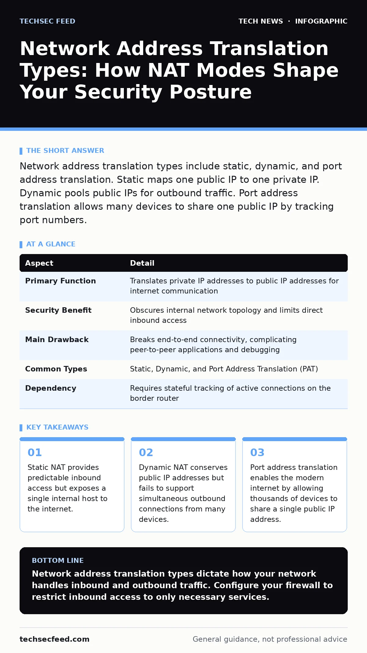 Infographic: Network Address Translation Types: How NAT Modes Shape Your Security Posture. Static NAT provides predictable inbound access but exposes a single internal host to the internet. Dynamic NAT conserves public IP addresses but fails to support simultaneous outbound connections from many dev
