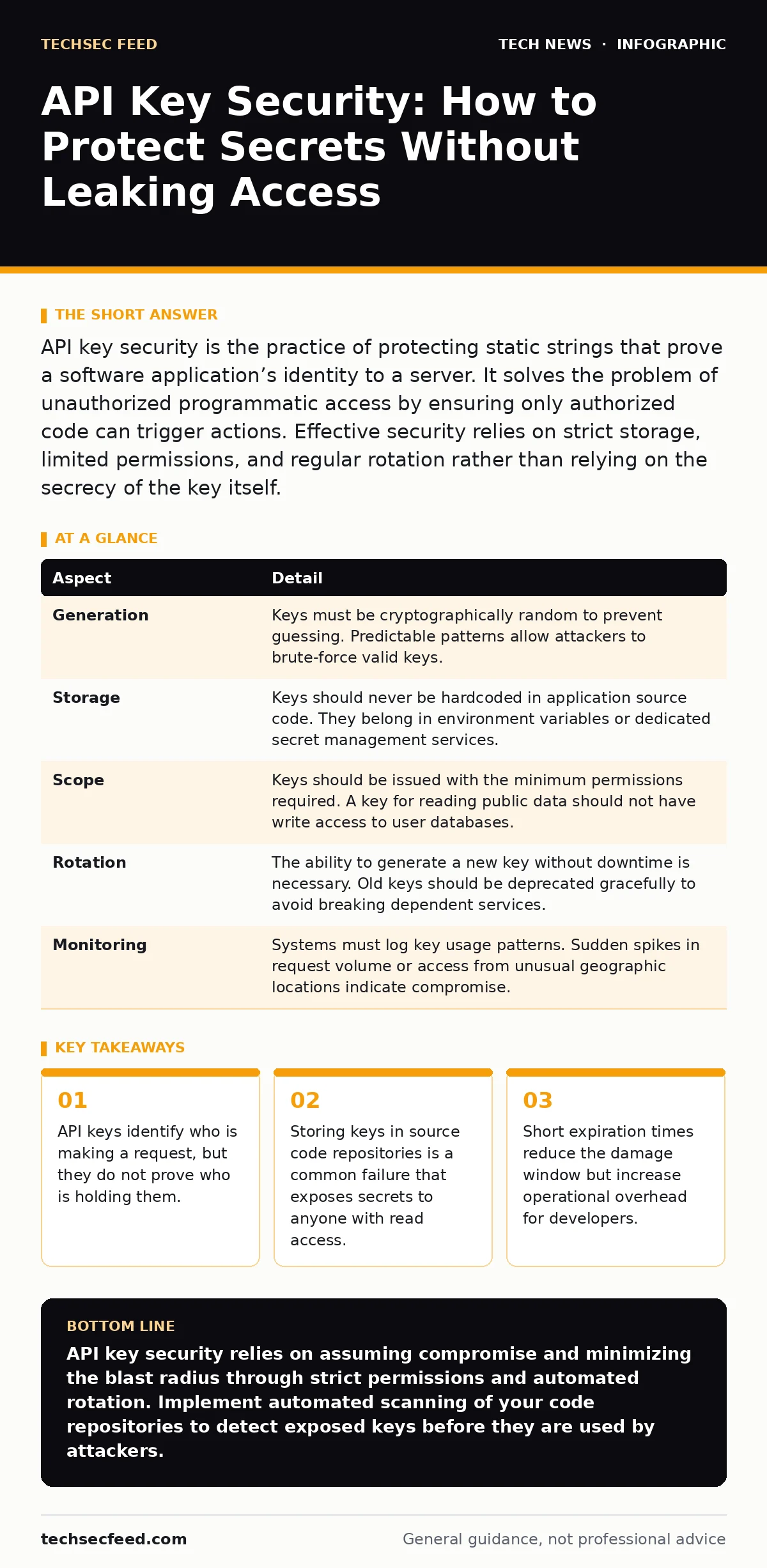 Infographic: API Key Security: How to Protect Secrets Without Leaking Access. API keys identify who is making a request, but they do not prove who is holding them. Storing keys in source code repositories is a common failure that exposes secrets to anyone with read access. Short expiration times red