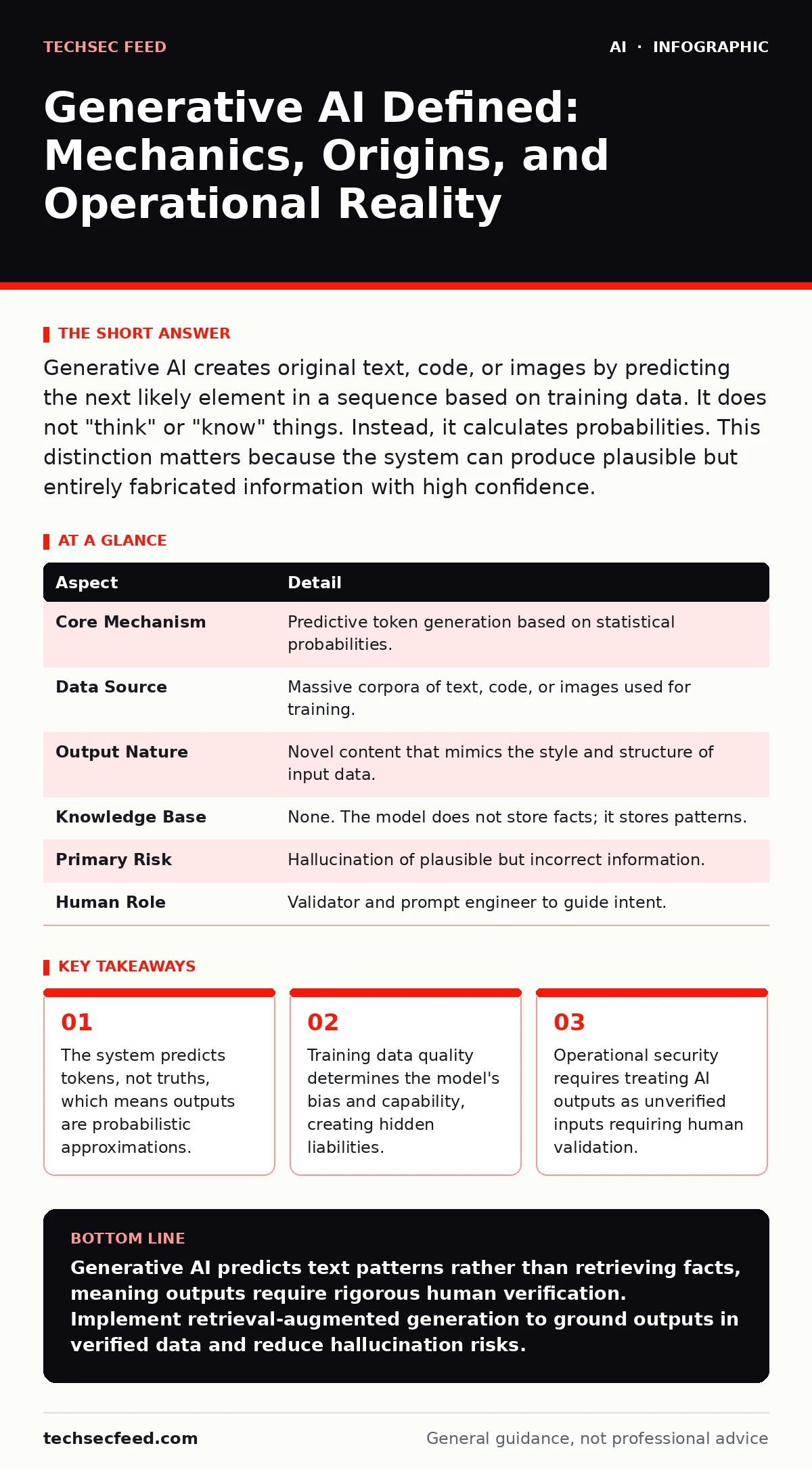Infographic: Generative AI Defined: Mechanics, Origins, and Operational Reality. The system predicts tokens, not truths, which means outputs are probabilistic approximations. Training data quality determines the model's bias and capability, creating hidden liabilities. Operational security requires
