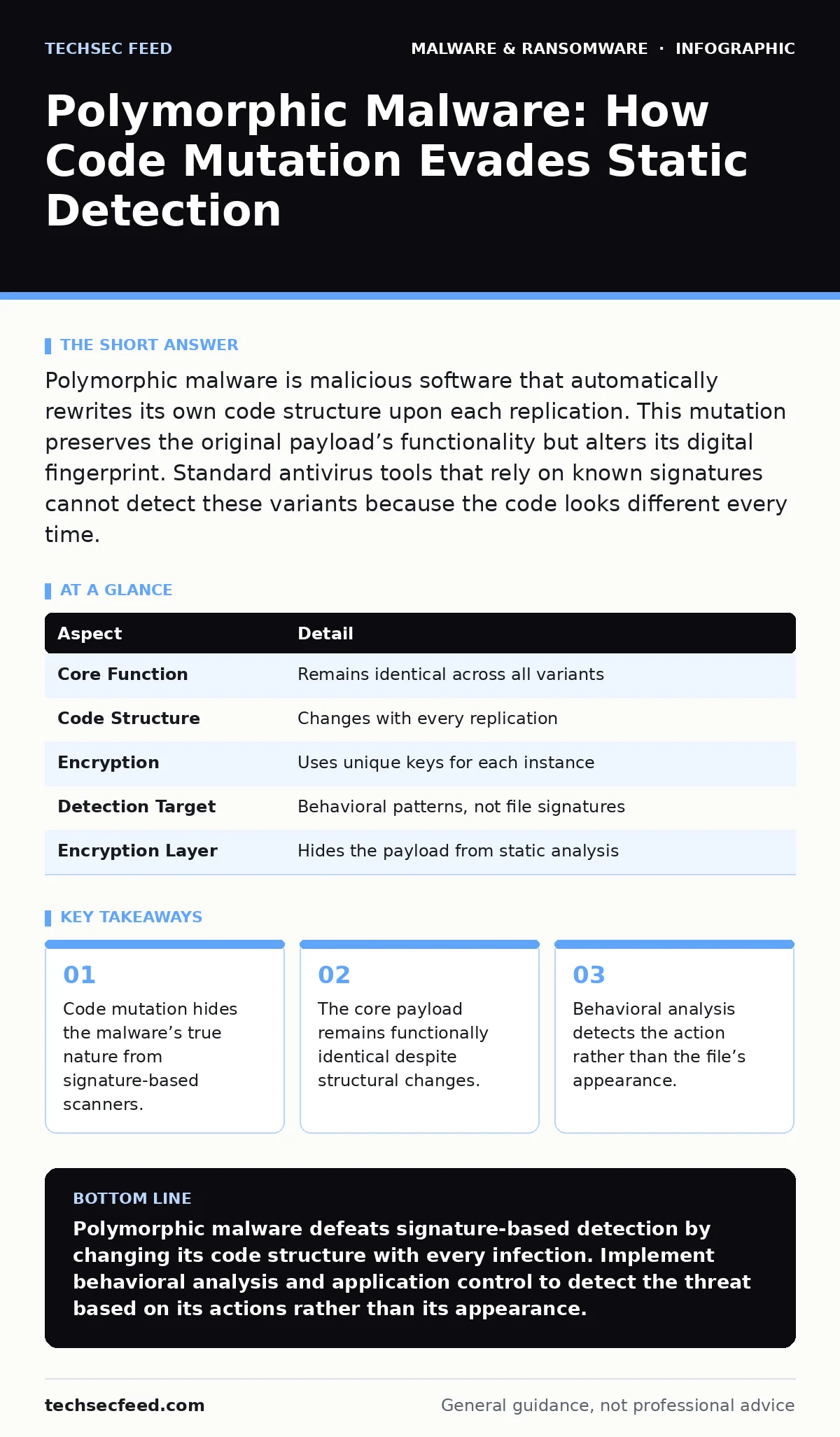 Infographic: Polymorphic Malware: How Code Mutation Evades Static Detection. Code mutation hides the malware’s true nature from signature-based scanners. The core payload remains functionally identical despite structural changes. Behavioral analysis detects the action rather than the file’s appearan
