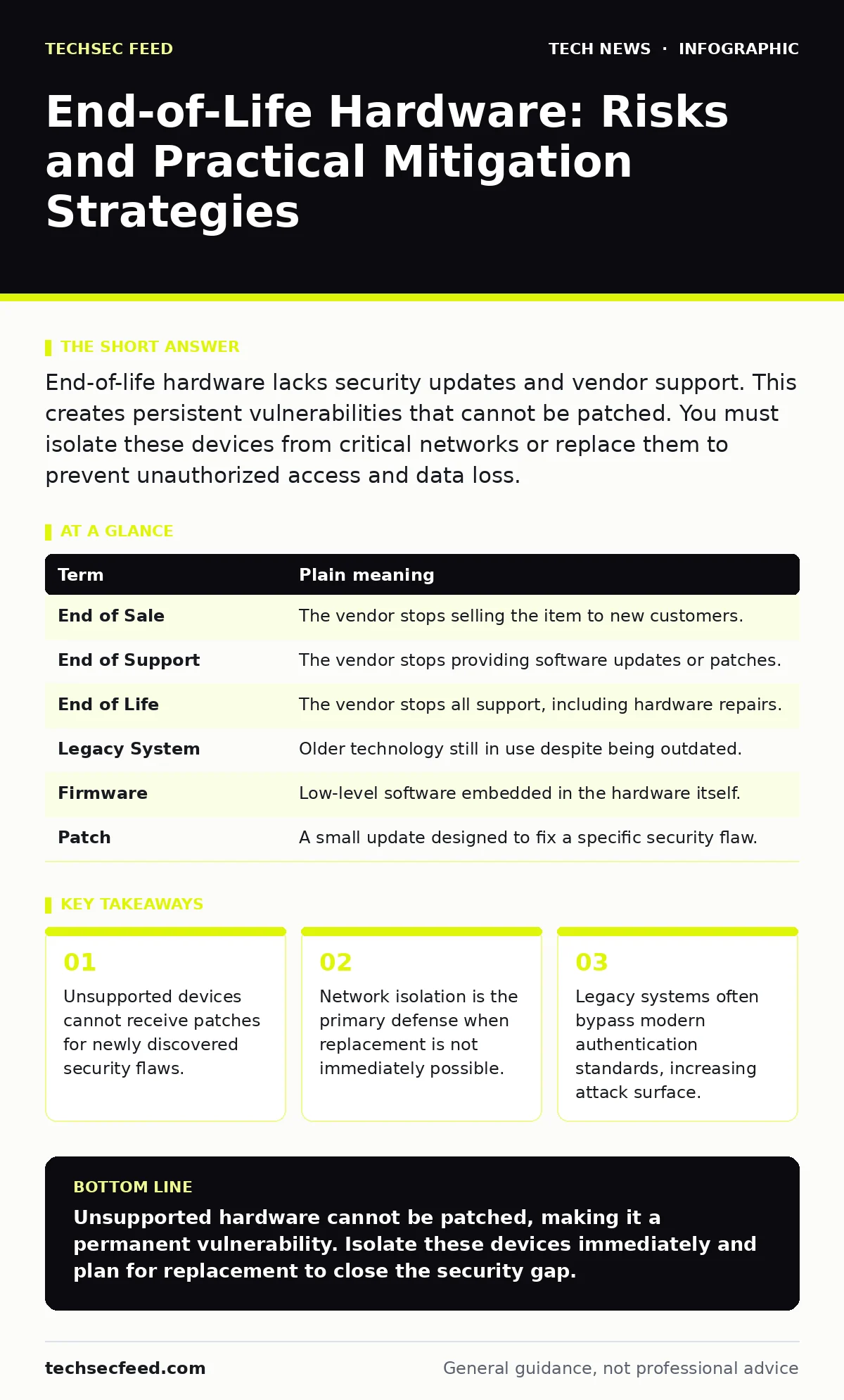 Infographic: End-of-Life Hardware: Risks and Practical Mitigation Strategies. Unsupported devices cannot receive patches for newly discovered security flaws. Network isolation is the primary defense when replacement is not immediately possible. Legacy systems often bypass modern authentication stand