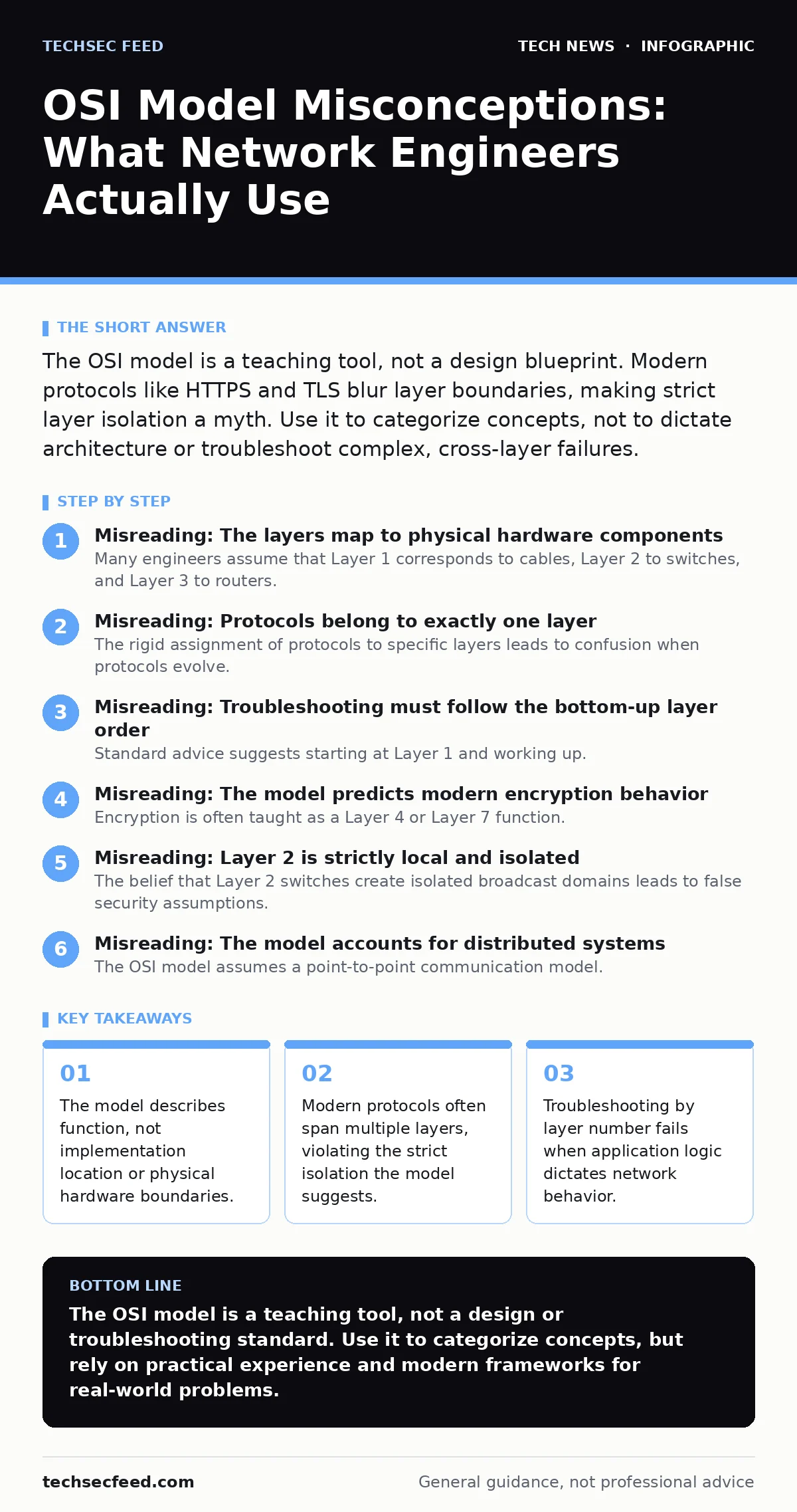 Infographic: OSI Model Misconceptions: What Network Engineers Actually Use. The model describes function, not implementation location or physical hardware boundaries. Modern protocols often span multiple layers, violating the strict isolation the model suggests. Troubleshooting by layer number fails