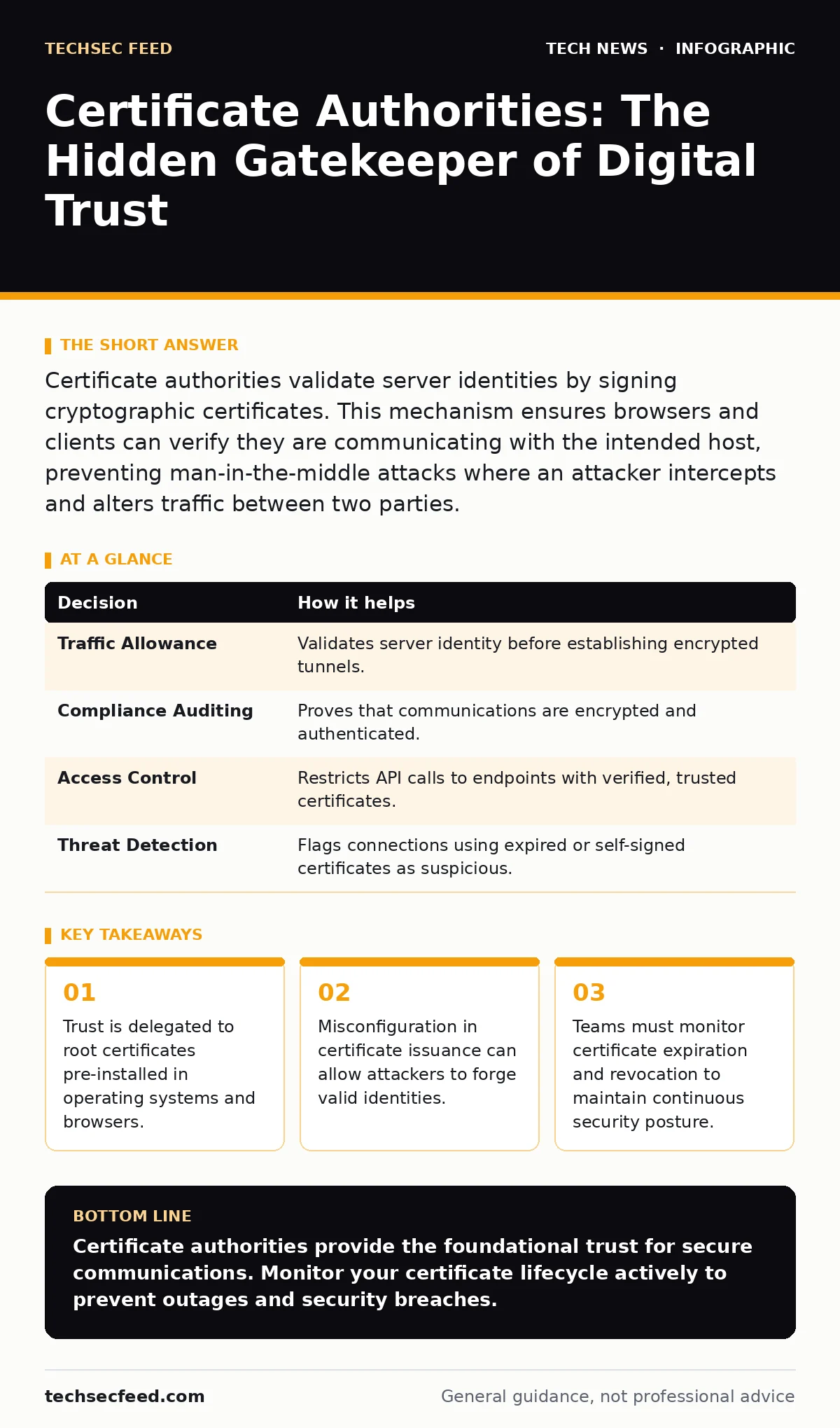 Infographic: Certificate Authorities: The Hidden Gatekeeper of Digital Trust. Trust is delegated to root certificates pre-installed in operating systems and browsers. Misconfiguration in certificate issuance can allow attackers to forge valid identities. Teams must monitor certificate expiration and