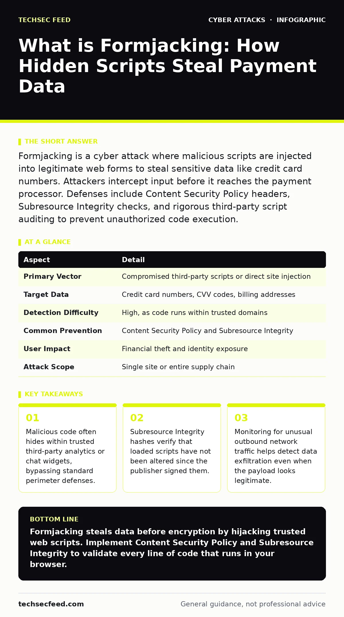 Infographic: What is Formjacking: How Hidden Scripts Steal Payment Data. Malicious code often hides within trusted third-party analytics or chat widgets, bypassing standard perimeter defenses. Subresource Integrity hashes verify that loaded scripts have not been altered since the publisher signed th