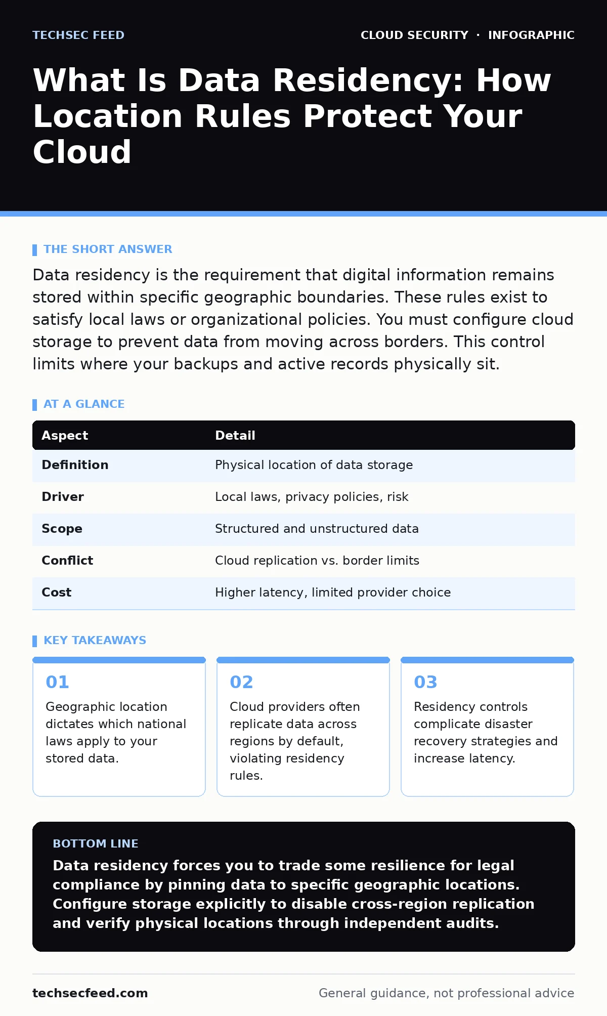Infographic: What Is Data Residency: How Location Rules Protect Your Cloud. Geographic location dictates which national laws apply to your stored data. Cloud providers often replicate data across regions by default, violating residency rules. Residency controls complicate disaster recovery strategie