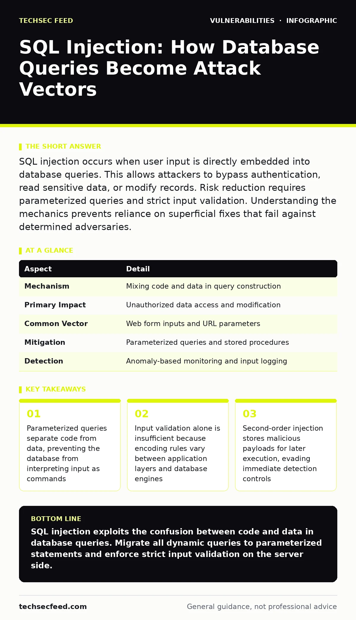 Infographic: SQL Injection: How Database Queries Become Attack Vectors. Parameterized queries separate code from data, preventing the database from interpreting input as commands Input validation alone is insufficient because encoding rules vary between application layers and database engines Second