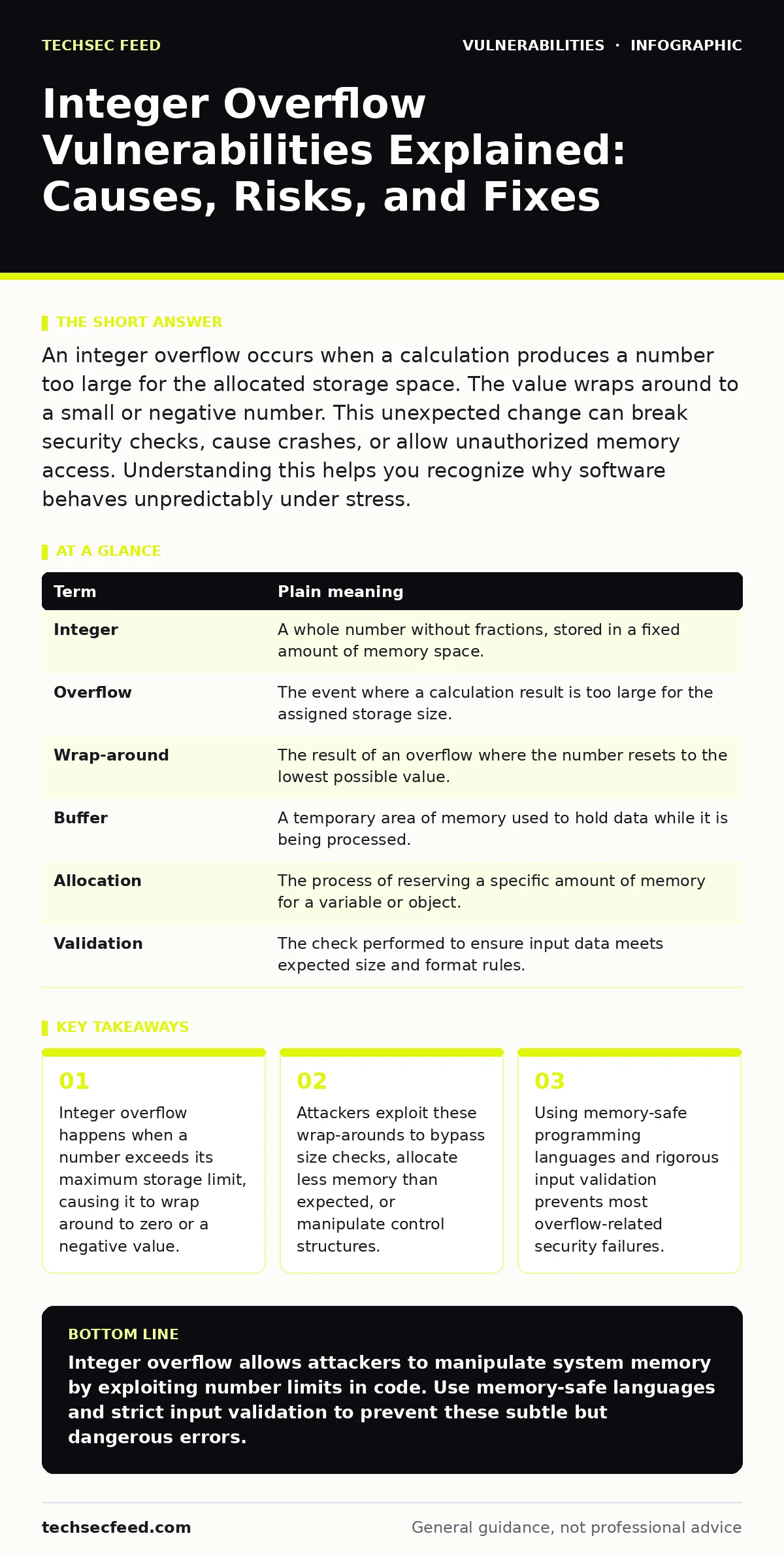 Infographic: Integer Overflow Vulnerabilities Explained: Causes, Risks, and Fixes. Integer overflow happens when a number exceeds its maximum storage limit, causing it to wrap around to zero or a negative value. Attackers exploit these wrap-arounds to bypass size checks, allocate less memory than ex