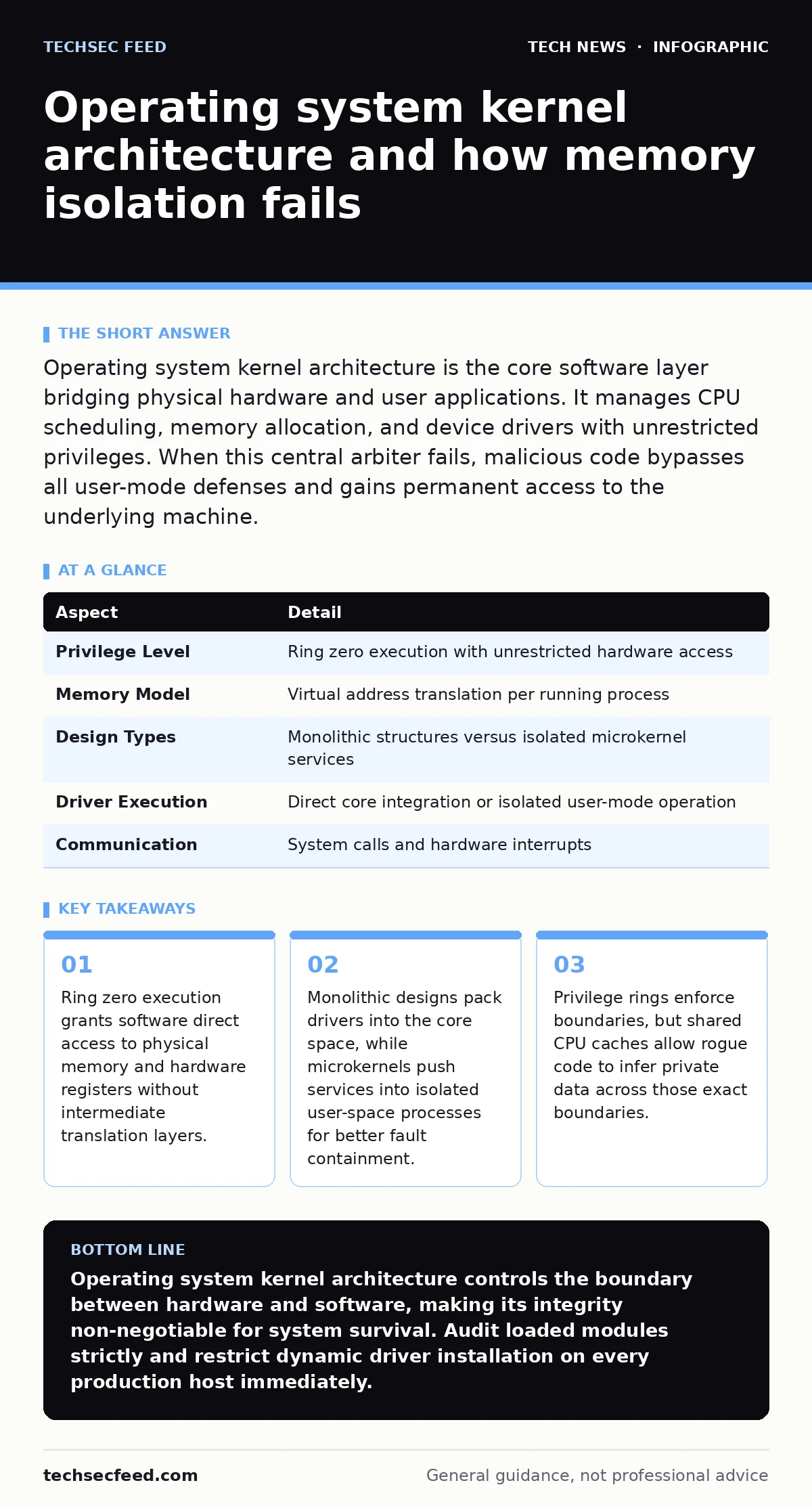 Infographic: Operating system kernel architecture and how memory isolation fails. Ring zero execution grants software direct access to physical memory and hardware registers without intermediate translation layers. Monolithic designs pack drivers into the core space, while microkernels push services