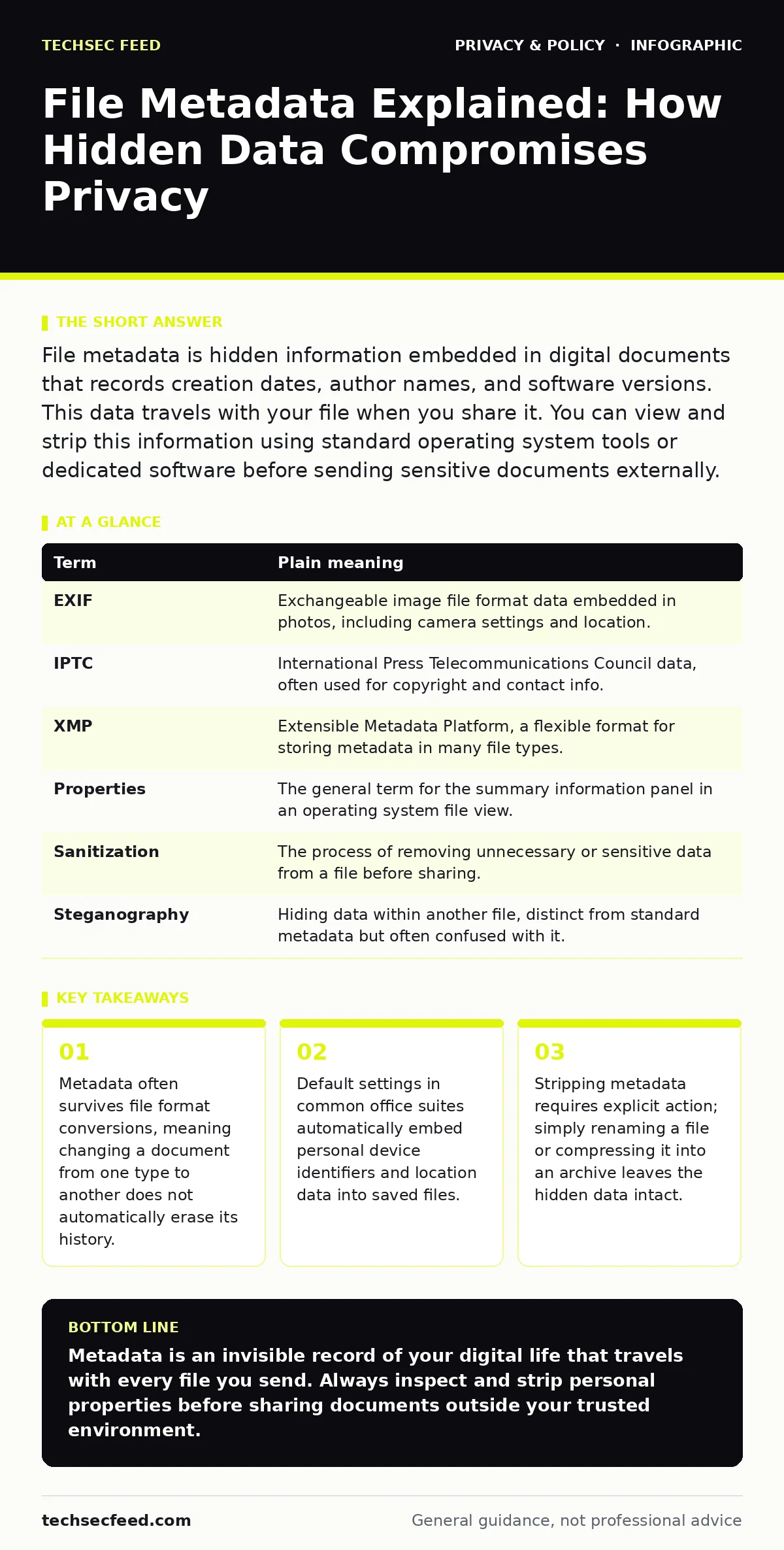 Infographic: File Metadata Explained: How Hidden Data Compromises Privacy. Metadata often survives file format conversions, meaning changing a document from one type to another does not automatically erase its history. Default settings in common office suites automatically embed personal device iden