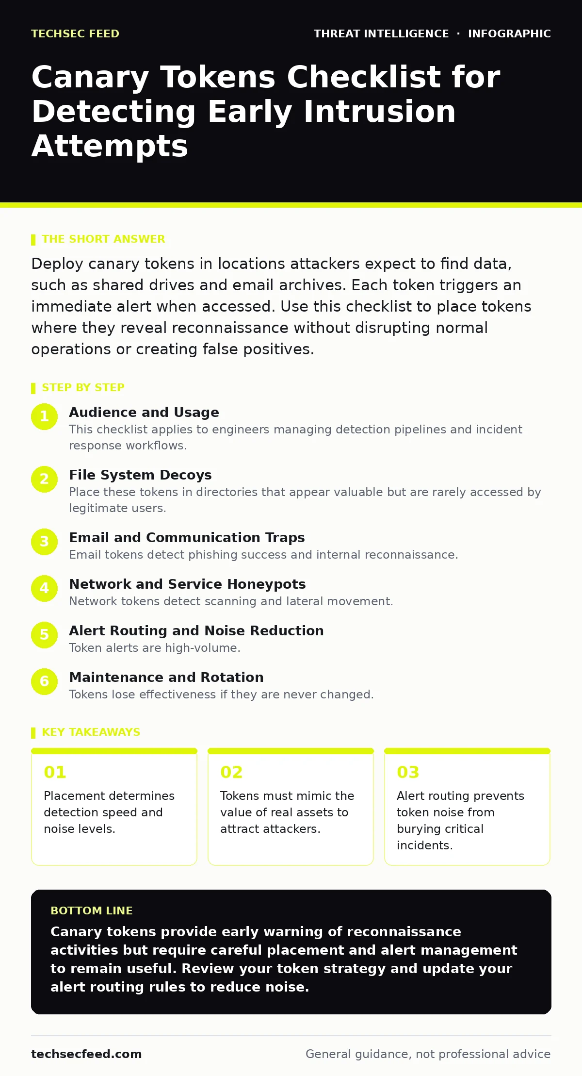 Infographic: Canary Tokens Checklist for Detecting Early Intrusion Attempts. Placement determines detection speed and noise levels. Tokens must mimic the value of real assets to attract attackers. Alert routing prevents token noise from burying critical incidents.