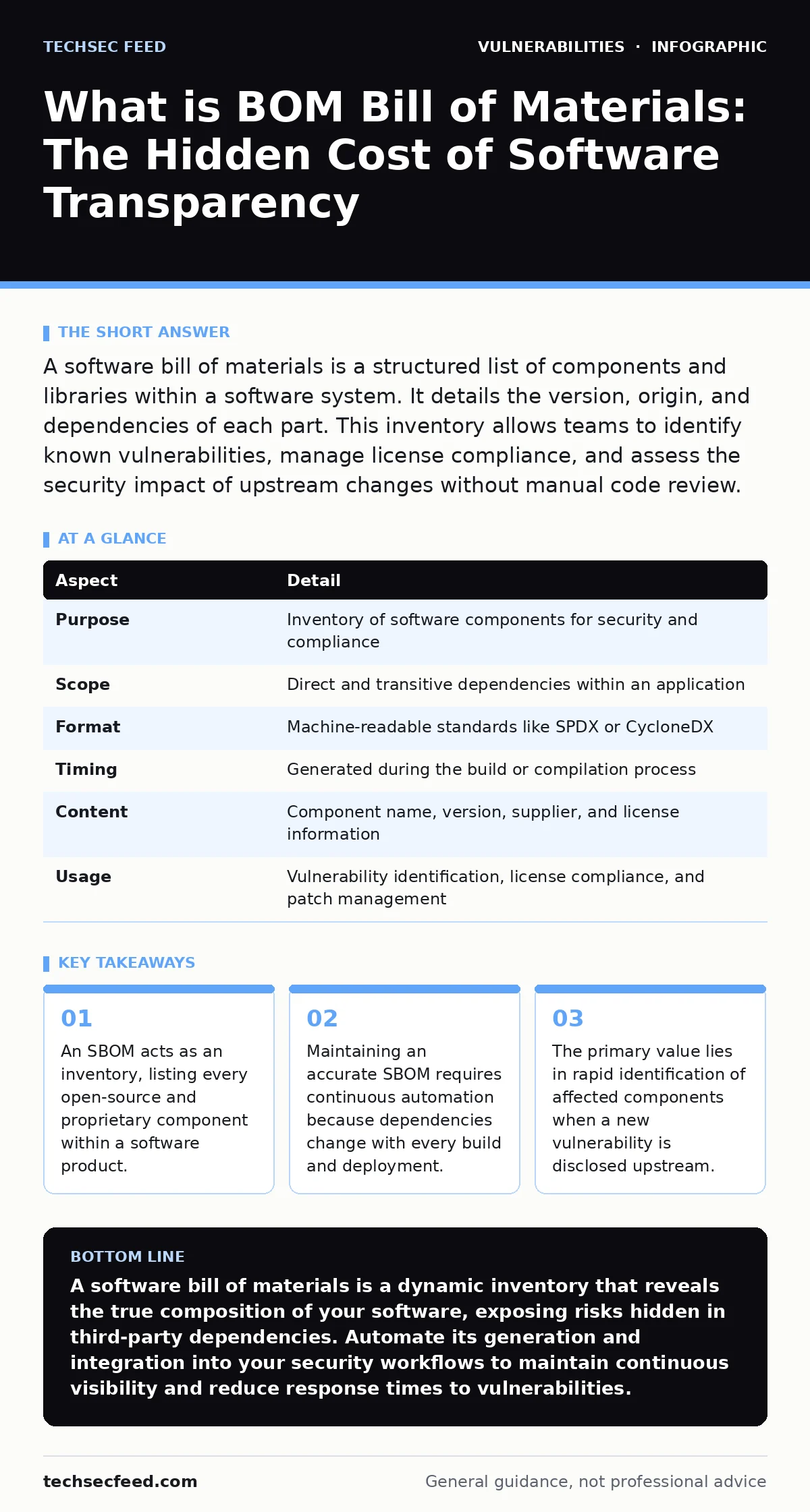 Infographic: What is BOM Bill of Materials: The Hidden Cost of Software Transparency. An SBOM acts as an inventory, listing every open-source and proprietary component within a software product. Maintaining an accurate SBOM requires continuous automation because dependencies change with every build