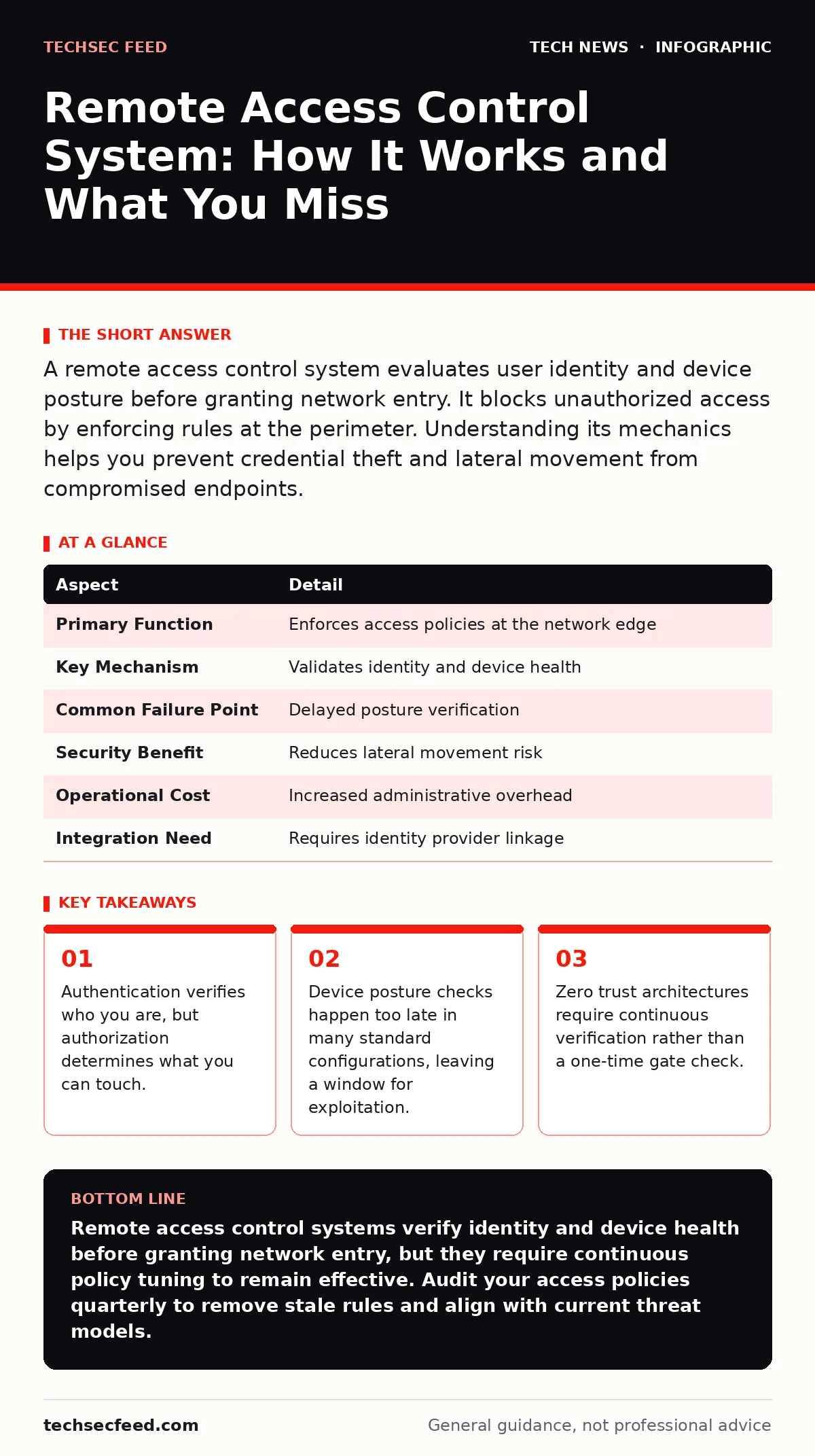 Infographic: Remote Access Control System: How It Works and What You Miss. Authentication verifies who you are, but authorization determines what you can touch. Device posture checks happen too late in many standard configurations, leaving a window for exploitation. Zero trust architectures require