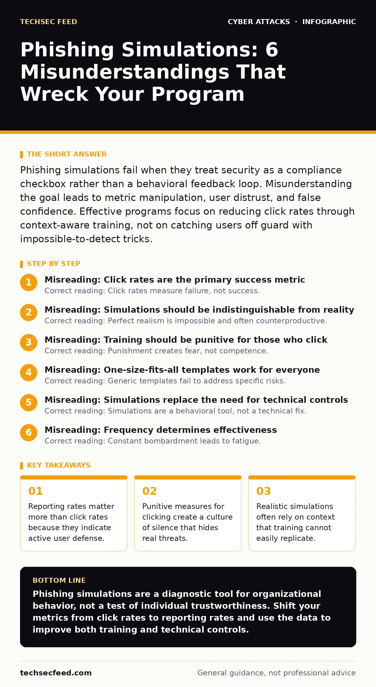 Infographic: Phishing Simulations: 6 Misunderstandings That Wreck Your Program. Reporting rates matter more than click rates because they indicate active user defense. Punitive measures for clicking create a culture of silence that hides real threats. Realistic simulations often rely on context that