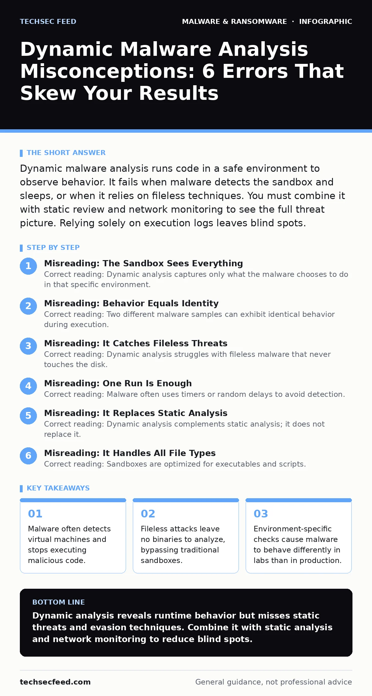 Infographic: Dynamic Malware Analysis Misconceptions: 6 Errors That Skew Your Results. Malware often detects virtual machines and stops executing malicious code. Fileless attacks leave no binaries to analyze, bypassing traditional sandboxes. Environment-specific checks cause malware to behave differ