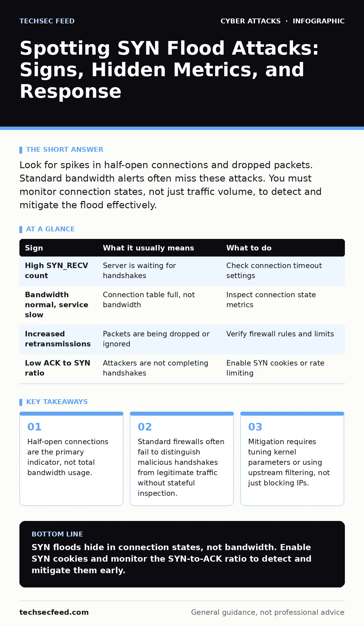 Infographic: Spotting SYN Flood Attacks: Signs, Hidden Metrics, and Response. Half-open connections are the primary indicator, not total bandwidth usage. Standard firewalls often fail to distinguish malicious handshakes from legitimate traffic without stateful inspection. Mitigation requires tuning