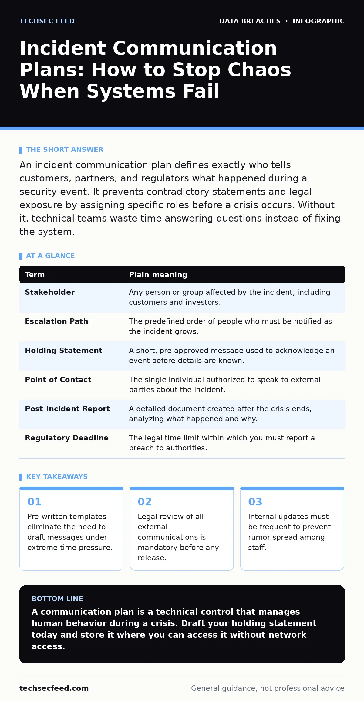 Infographic: Incident Communication Plans: How to Stop Chaos When Systems Fail. Pre-written templates eliminate the need to draft messages under extreme time pressure. Legal review of all external communications is mandatory before any release. Internal updates must be frequent to prevent rumor spre