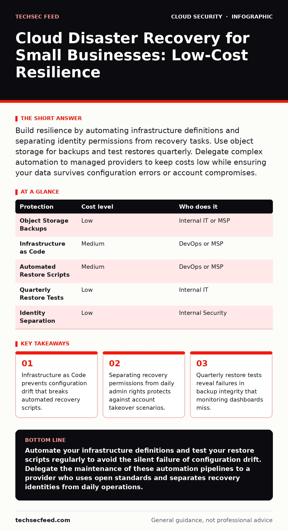 Infographic: Cloud Disaster Recovery for Small Businesses: Low-Cost Resilience. Infrastructure as Code prevents configuration drift that breaks automated recovery scripts. Separating recovery permissions from daily admin rights protects against account takeover scenarios. Quarterly restore tests rev